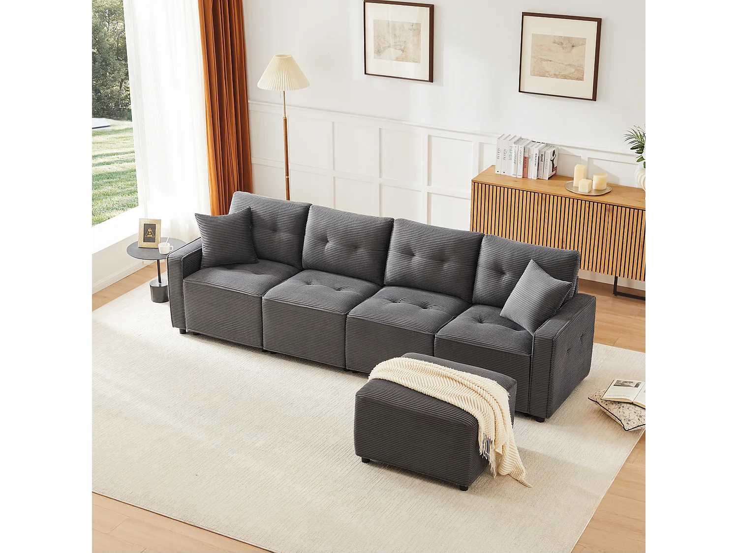 Nowoczesna sofa 4-osobowa - 280 x 146 x 85 cm - ze schowkiem pod siedziskiem + pufa modułowa - welur - szary