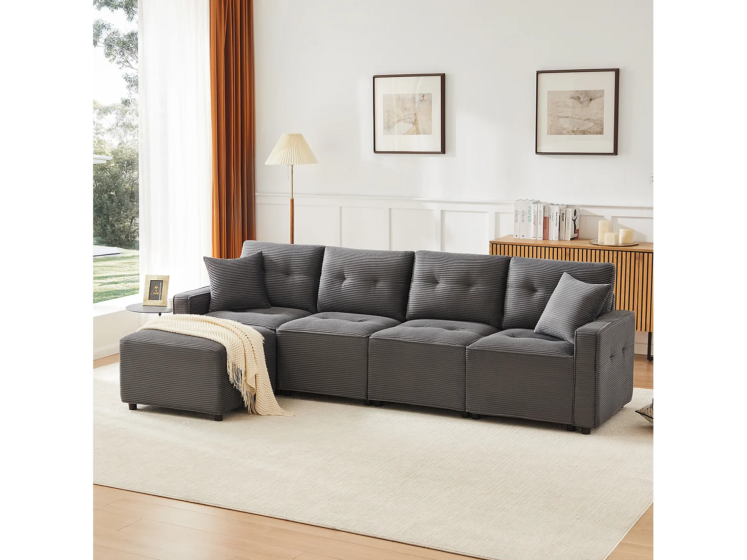 Nowoczesna sofa 4-osobowa - 280 x 146 x 85 cm - ze schowkiem pod siedziskiem + pufa modułowa - welur - szary