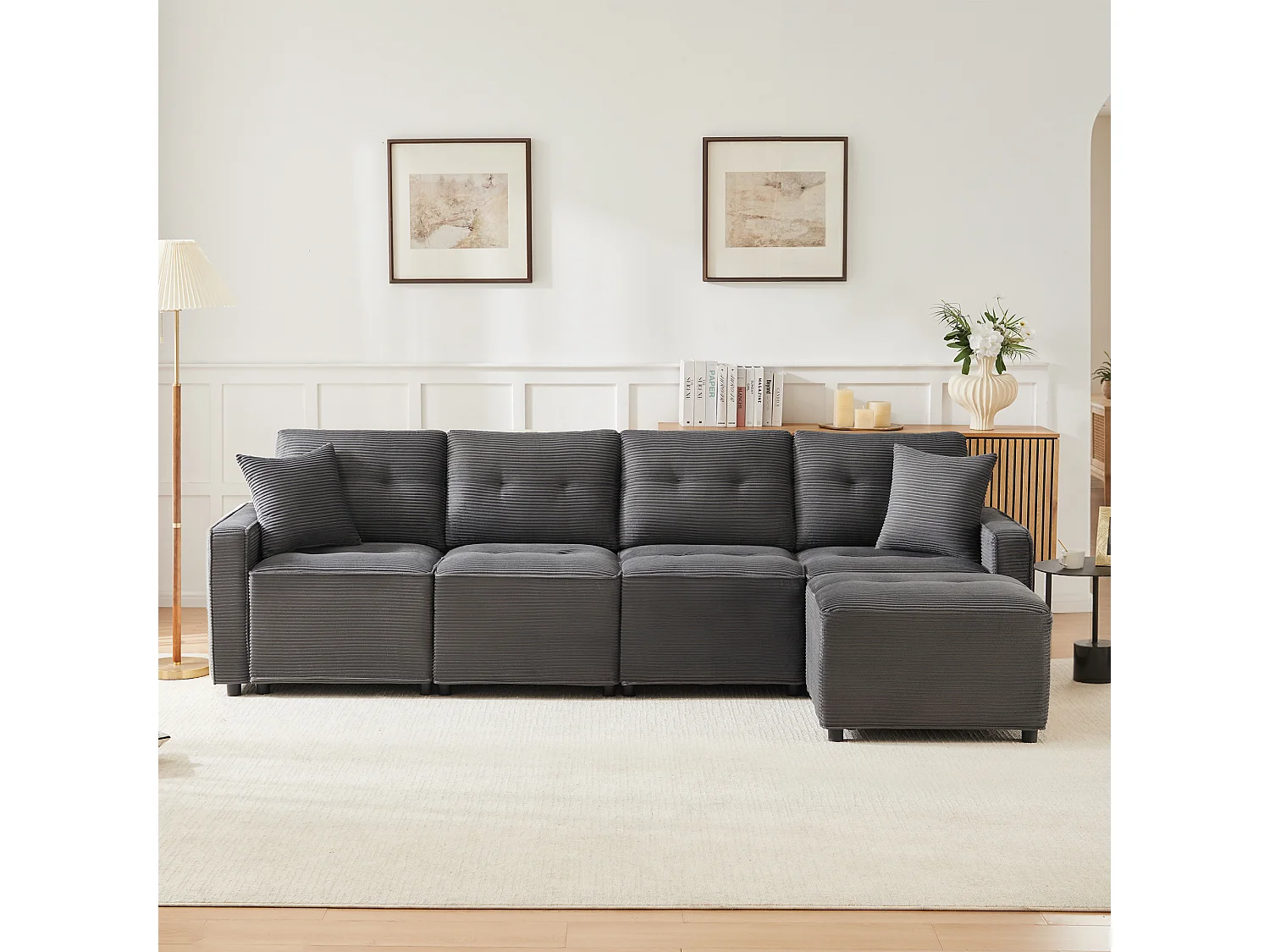 Nowoczesna sofa 4-osobowa - 280 x 146 x 85 cm - ze schowkiem pod siedziskiem + pufa modułowa - welur - szary