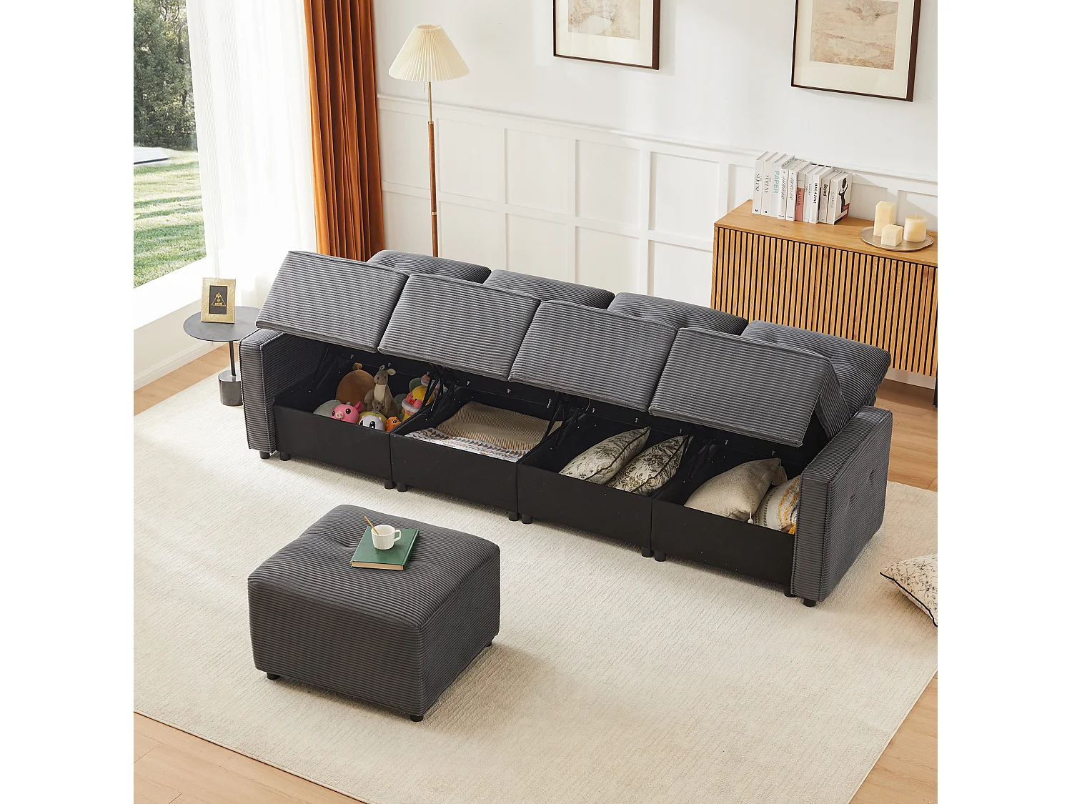 Nowoczesna sofa 4-osobowa - 280 x 146 x 85 cm - ze schowkiem pod siedziskiem + pufa modułowa - welur - szary