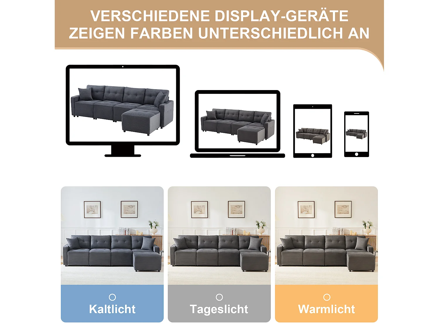 Nowoczesna sofa 4-osobowa - 280 x 146 x 85 cm - ze schowkiem pod siedziskiem + pufa modułowa - welur - szary