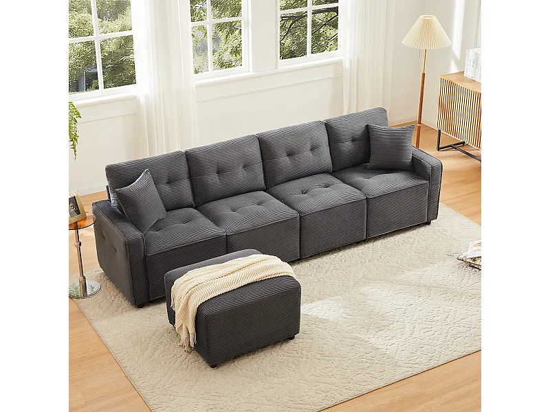 Nowoczesna sofa 4-osobowa - 280 x 146 x 85 cm - ze schowkiem pod siedziskiem + pufa modułowa - welur - szary