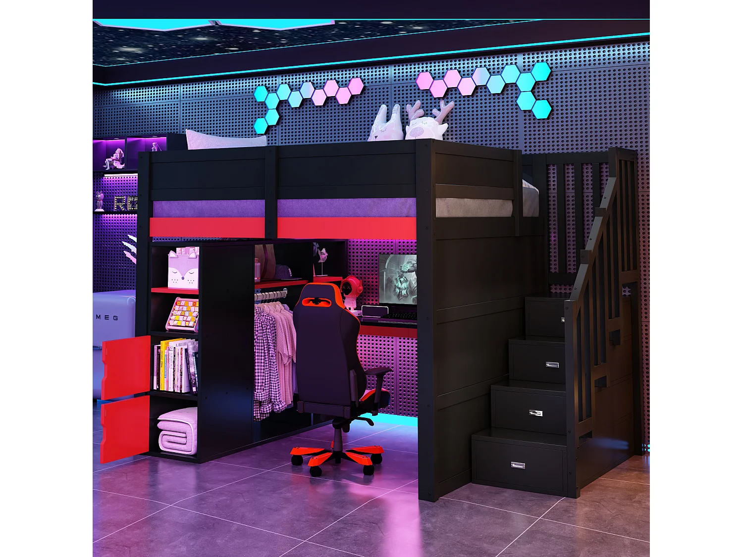 Houten game-hoogslaper - 140 x 200 cm - met bureau + ledverlichting + plank en opbergtrap + kledingkast - MDF - zwart + rood