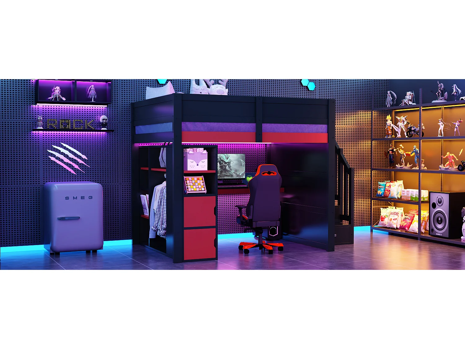 Houten game-hoogslaper - 140 x 200 cm - met bureau + ledverlichting + plank en opbergtrap + kledingkast - MDF - zwart + rood