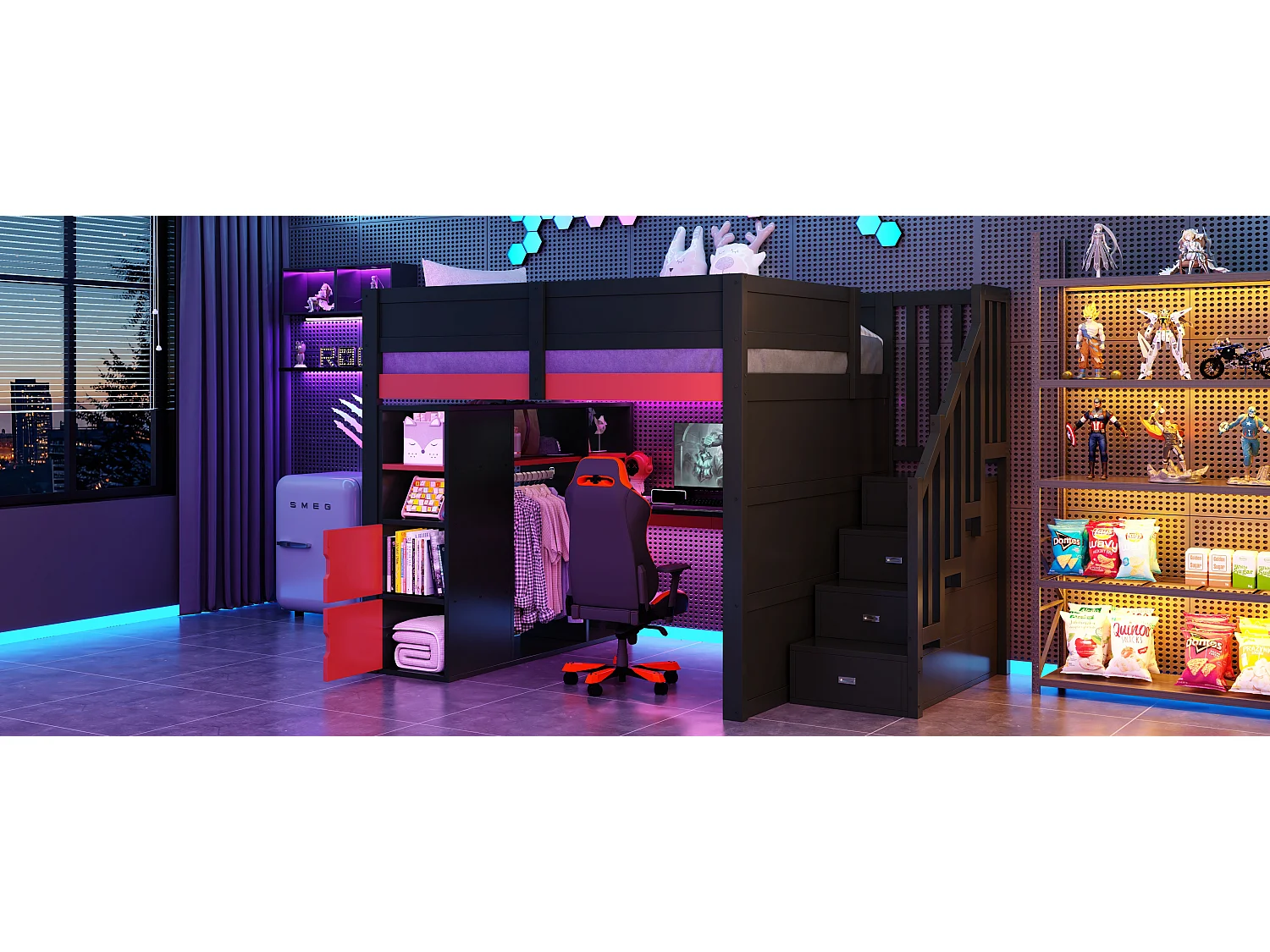 Houten game-hoogslaper - 140 x 200 cm - met bureau + ledverlichting + plank en opbergtrap + kledingkast - MDF - zwart + rood