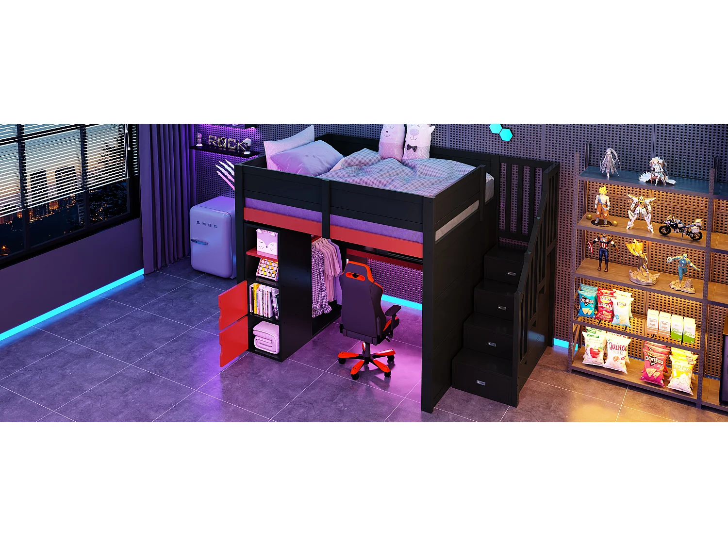 Houten game-hoogslaper - 140 x 200 cm - met bureau + ledverlichting + plank en opbergtrap + kledingkast - MDF - zwart + rood