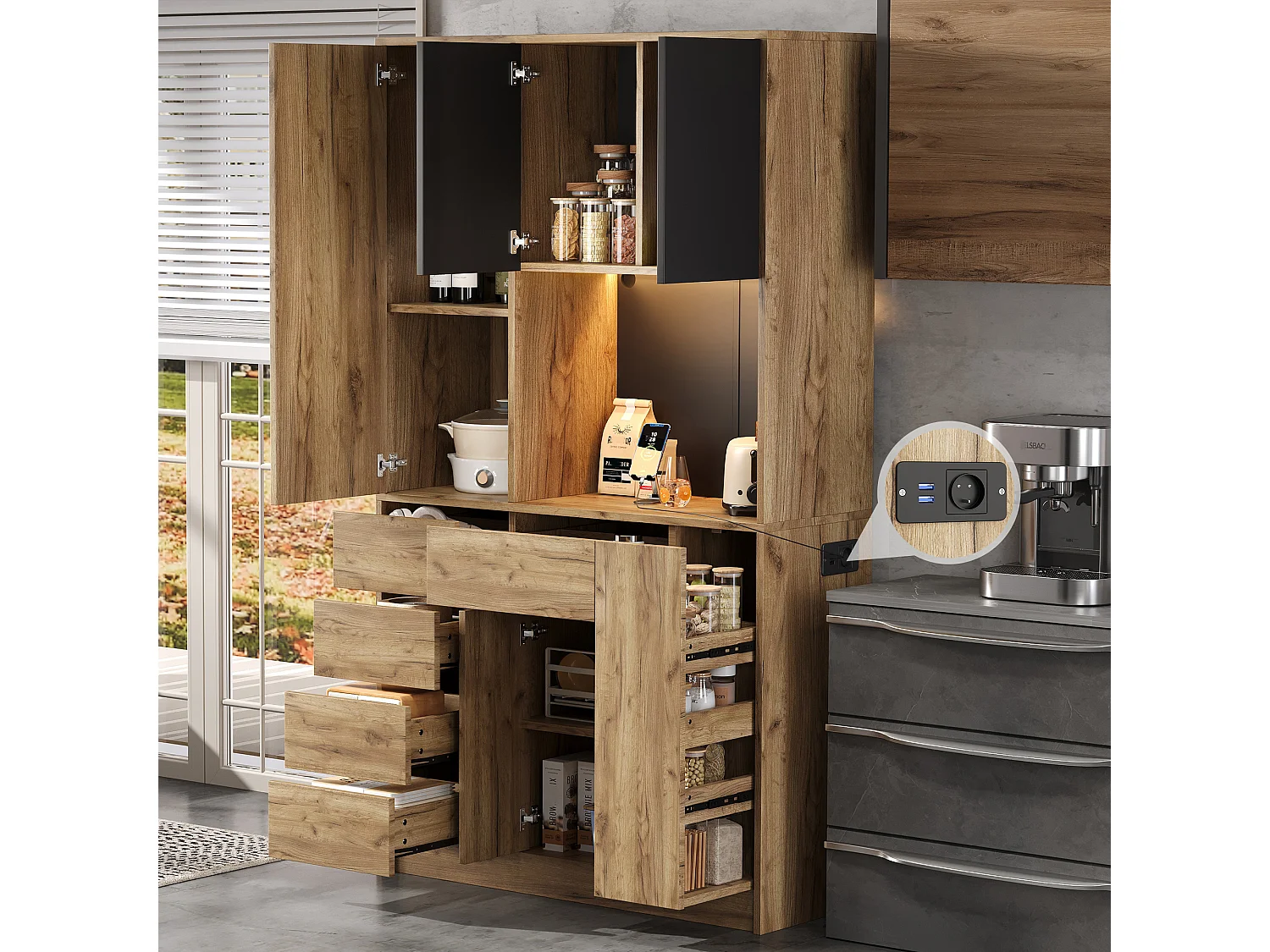 Buffet haute de cuisine - 105 x 40 x 185 cm - avec 4 tiroirs + Leds + étagère à épices coulissante - MDF - naturel