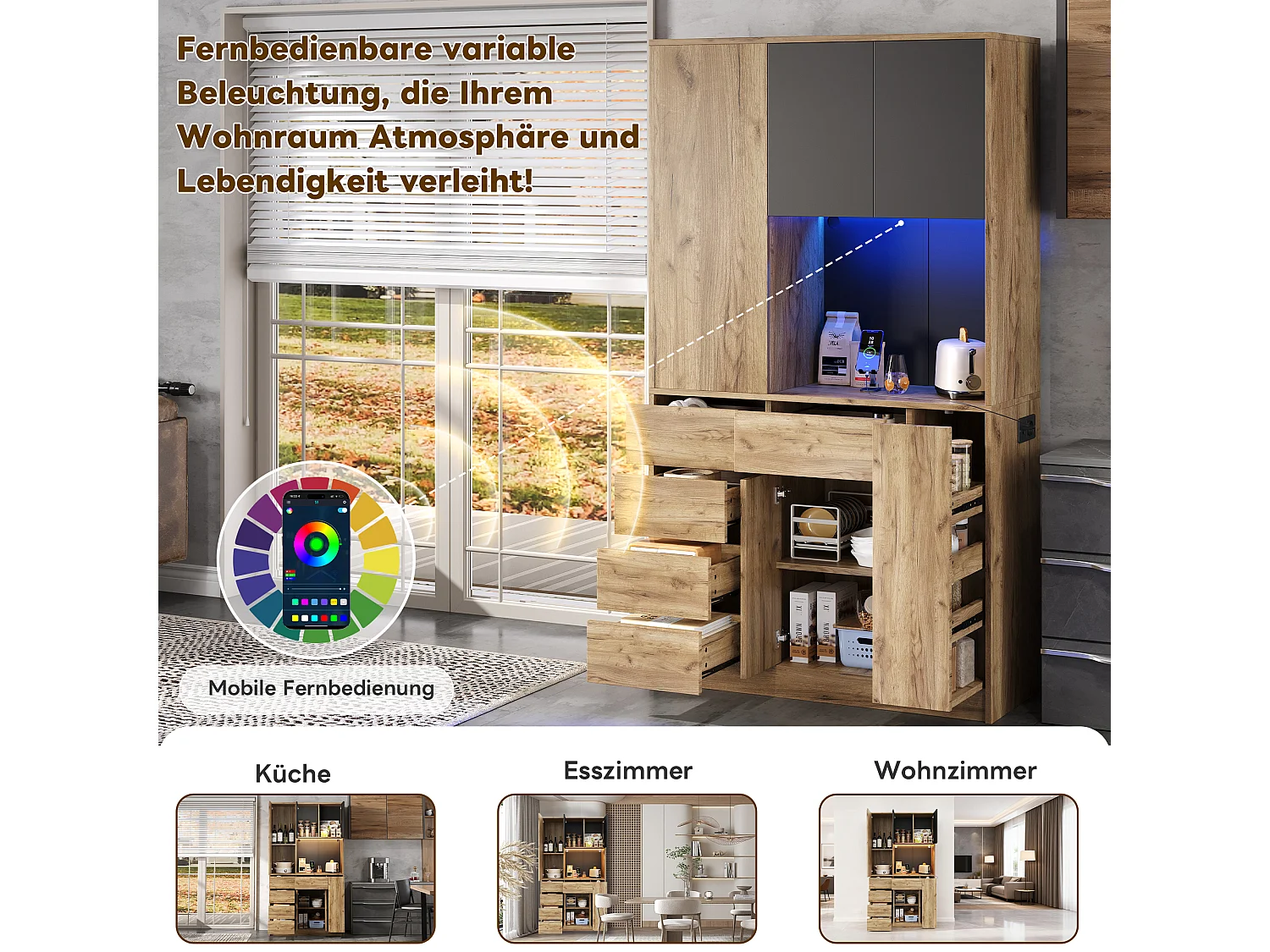 Buffet haute de cuisine - 105 x 40 x 185 cm - avec 4 tiroirs + Leds + étagère à épices coulissante - MDF - naturel