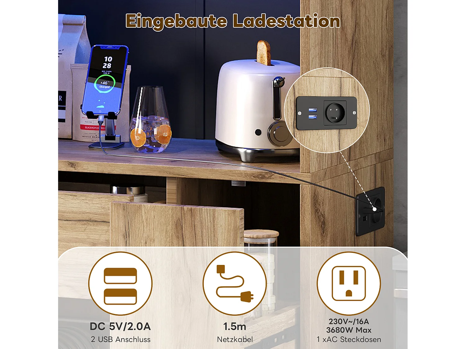 Buffet haute de cuisine - 105 x 40 x 185 cm - avec 4 tiroirs + Leds + étagère à épices coulissante - MDF - naturel