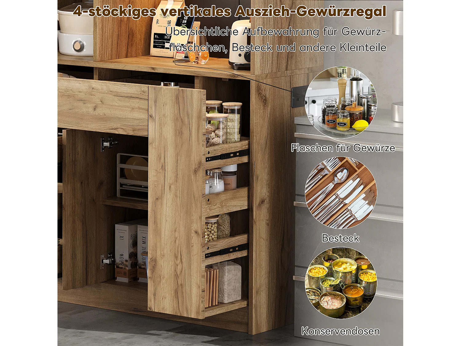 Buffet haute de cuisine - 105 x 40 x 185 cm - avec 4 tiroirs + Leds + étagère à épices coulissante - MDF - naturel