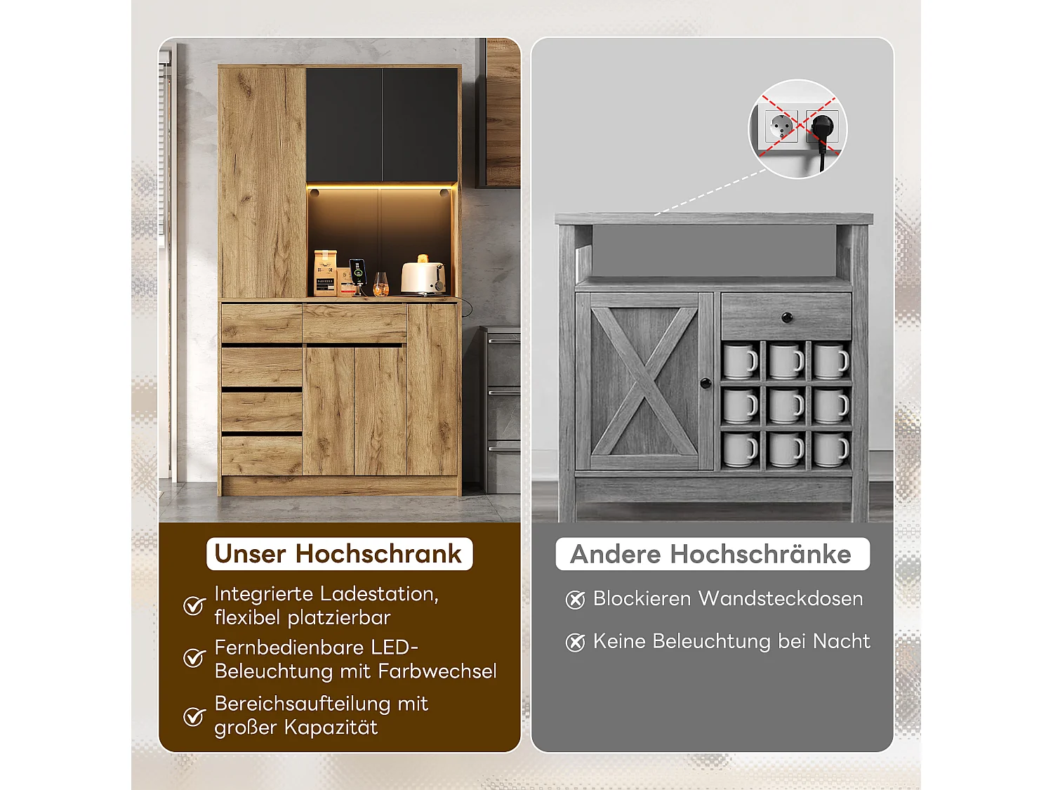 Buffet haute de cuisine - 105 x 40 x 185 cm - avec 4 tiroirs + Leds + étagère à épices coulissante - MDF - naturel