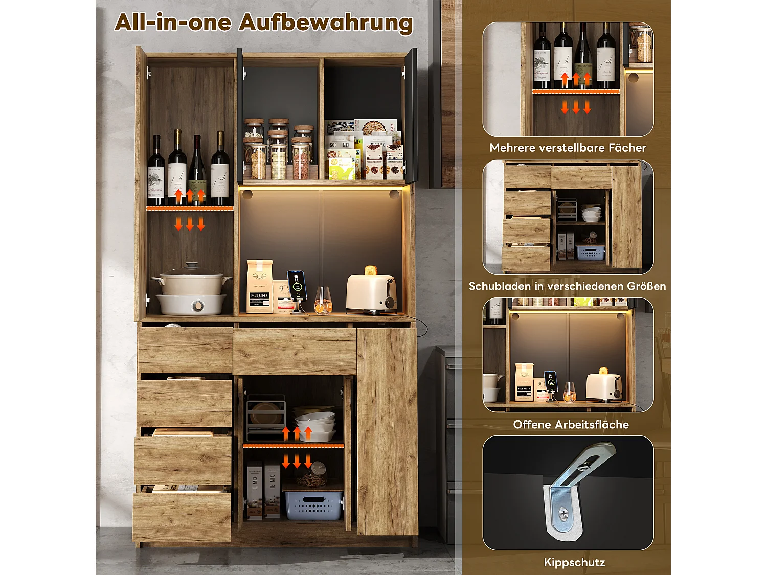 Buffet haute de cuisine - 105 x 40 x 185 cm - avec 4 tiroirs + Leds + étagère à épices coulissante - MDF - naturel