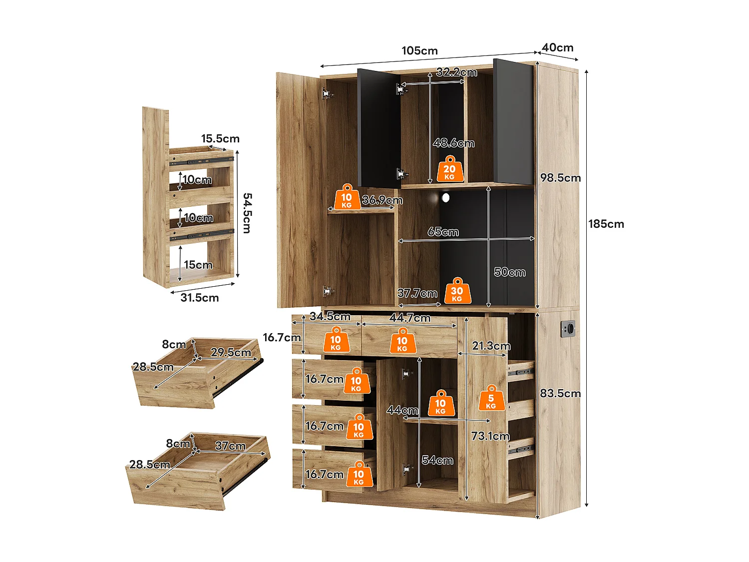Buffet haute de cuisine - 105 x 40 x 185 cm - avec 4 tiroirs + Leds + étagère à épices coulissante - MDF - naturel