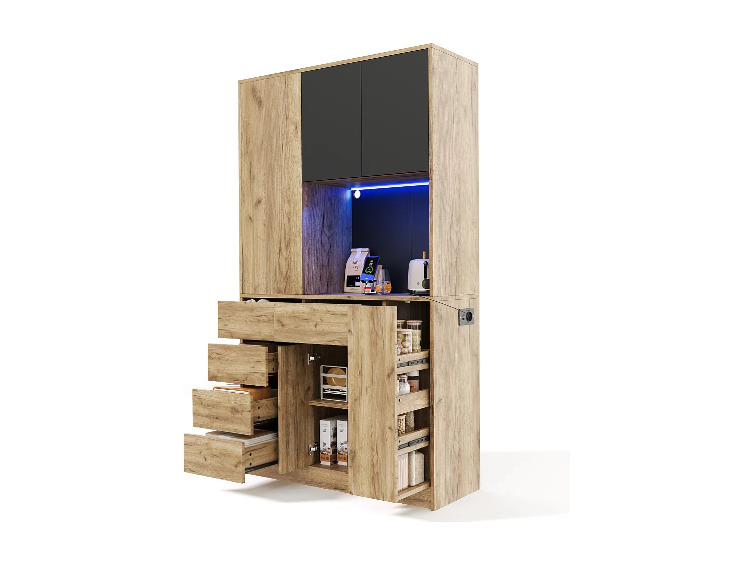 Buffet haute de cuisine - 105 x 40 x 185 cm - avec 4 tiroirs + Leds + étagère à épices coulissante - MDF - naturel