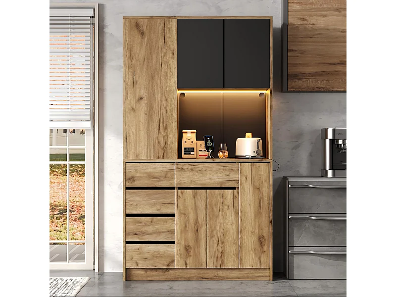 Buffet haute de cuisine - 105 x 40 x 185 cm - avec 4 tiroirs + Leds + étagère à épices coulissante - MDF - naturel