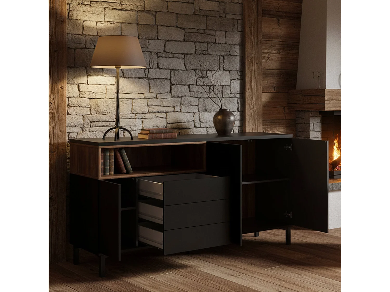 Buffet Dsardin, Buffet du salon, Commode de salon, Garde-manger de cuisine, 176x48 h90 cm, Noir et Noyer