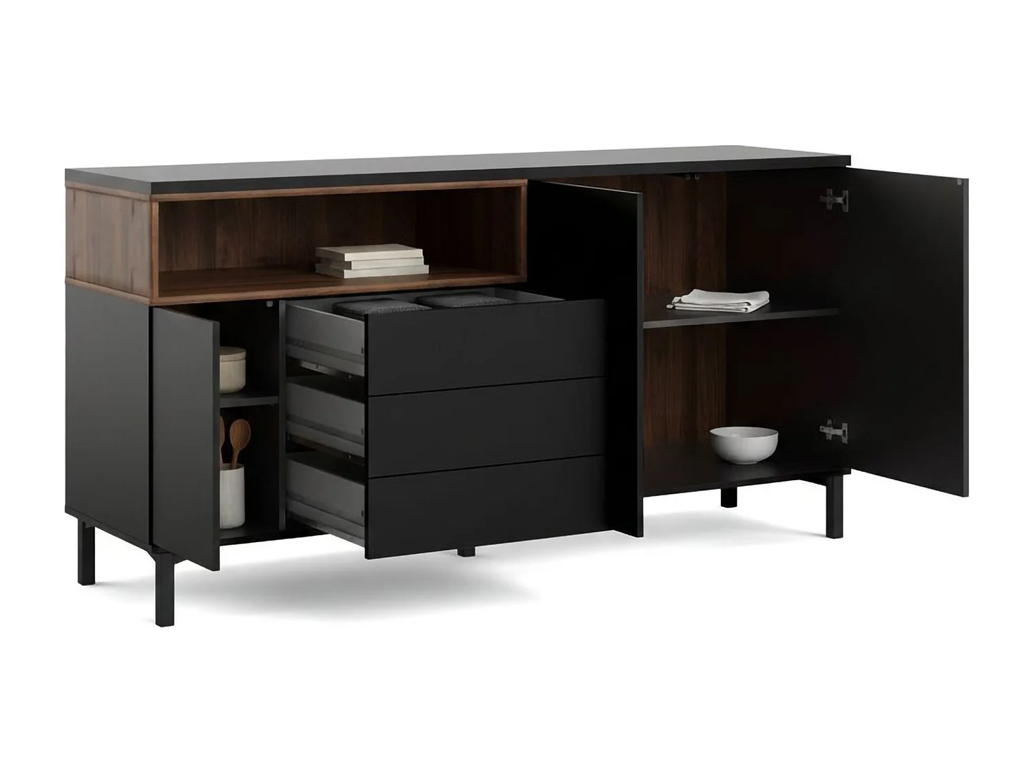 Buffet Dsardin, Buffet du salon, Commode de salon, Garde-manger de cuisine, 176x48 h90 cm, Noir et Noyer