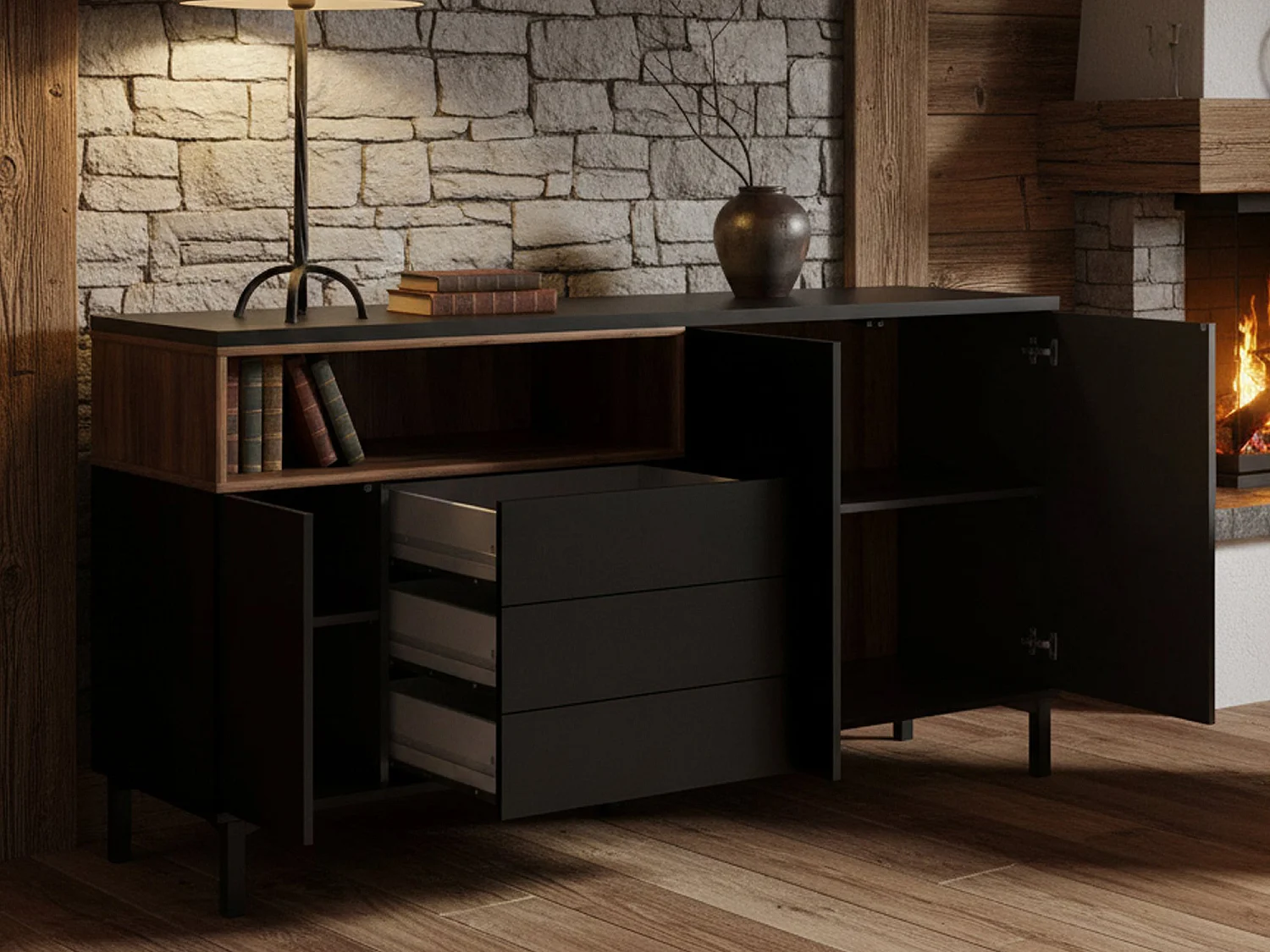 Buffet Dsardin, Buffet du salon, Commode de salon, Garde-manger de cuisine, 176x48 h90 cm, Noir et Noyer