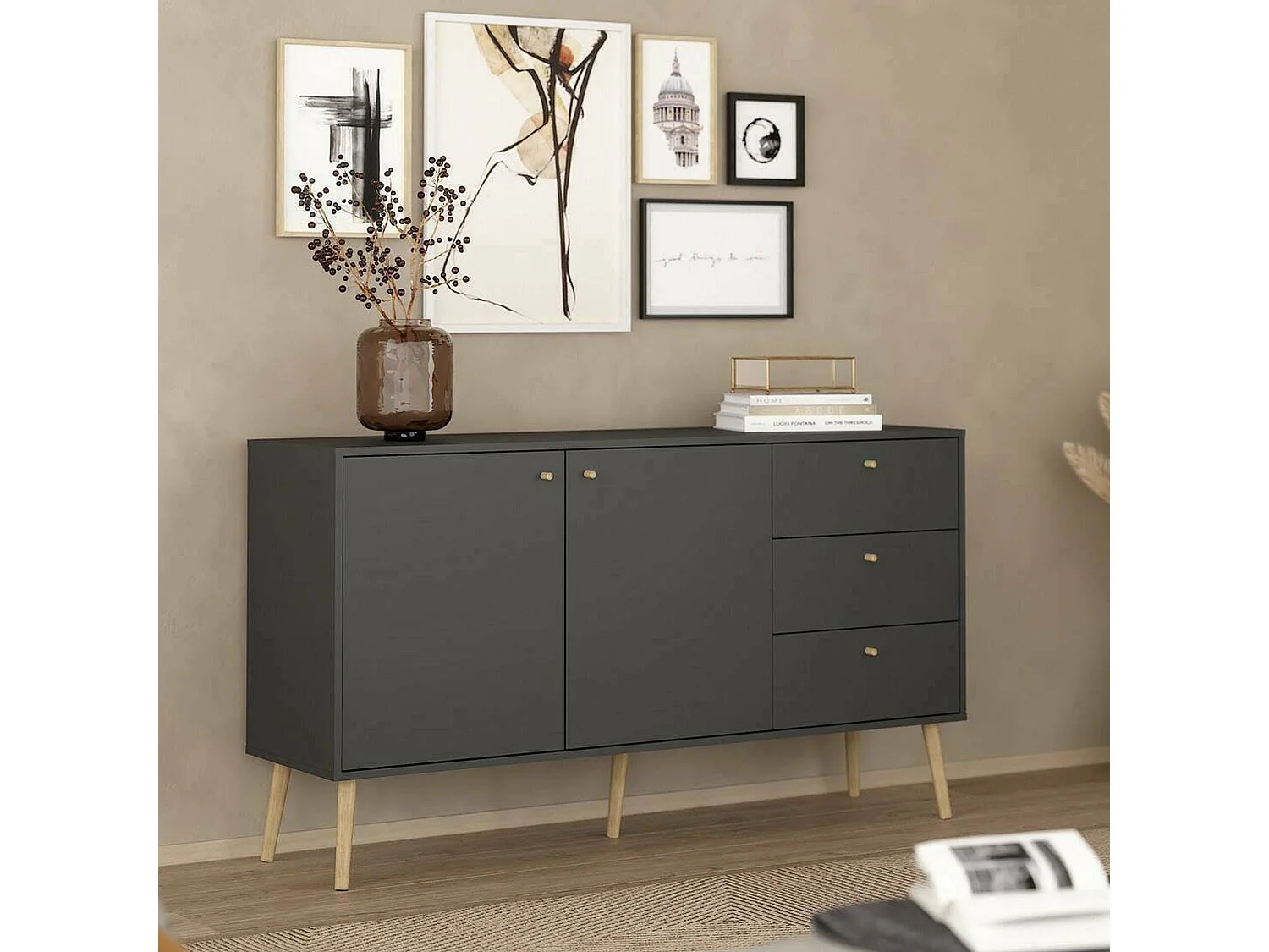 Dsann dressoir, Woonkamerbuffet, Woonkamerdressoir, Keukenkast, 147x39 h82 cm, Grijs