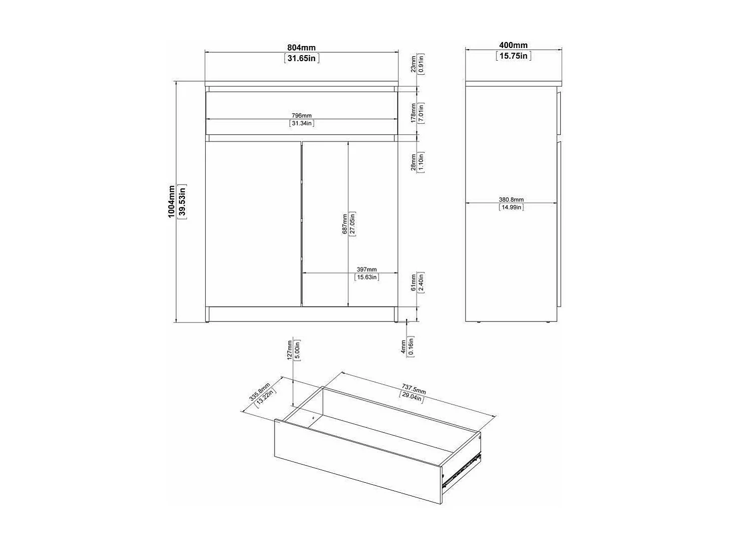 Credenza Genziana, 3 Ripiani, 40x80.4x100.4h cm Marrone Rovere, Madia