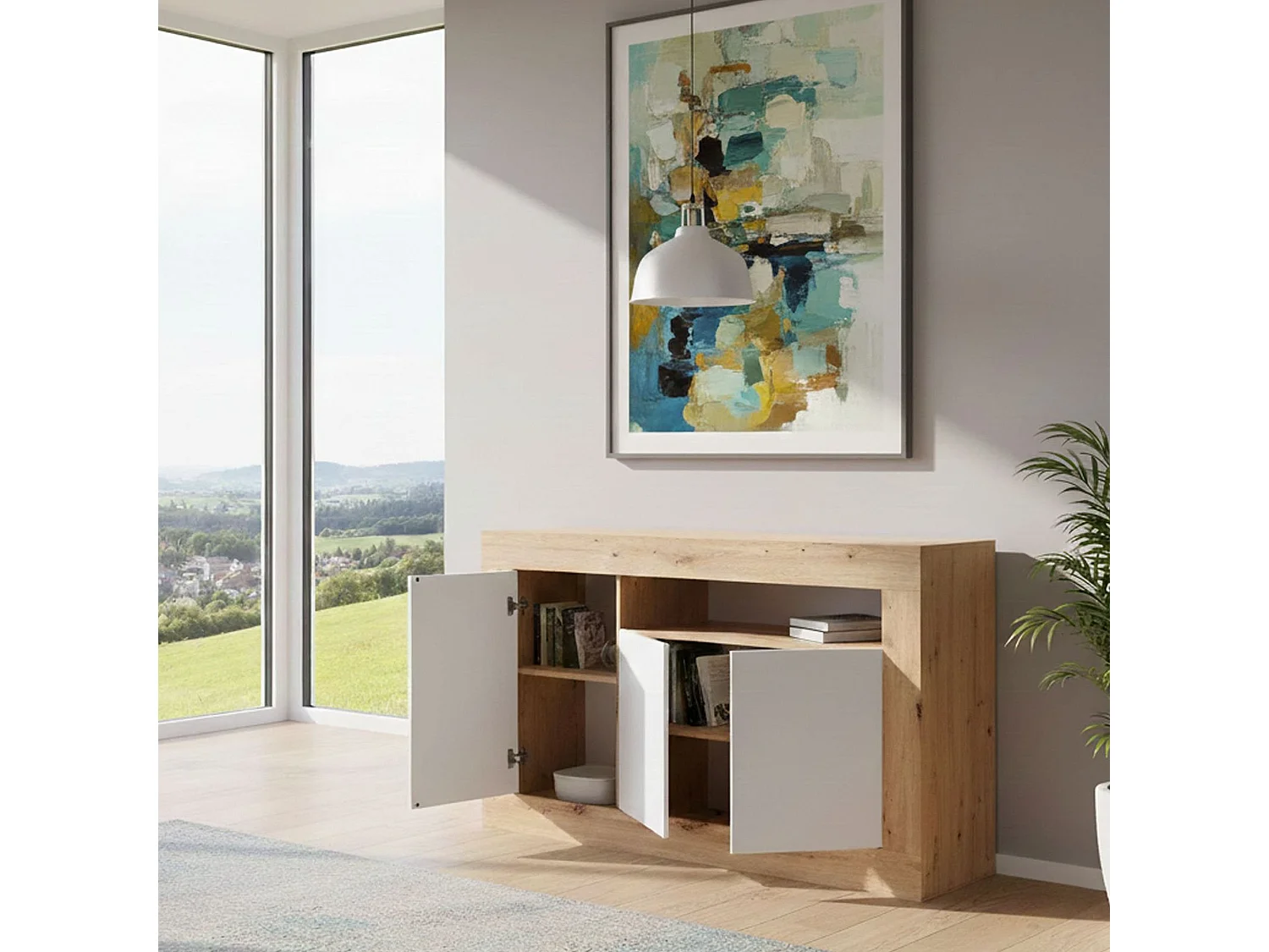 Buffet Dmirri, Armoire de salon, Buffet de salon avec compartiments, Meuble TV, Buffet moderne avec 3 portes, 144x42h87 cm, Chêne noué et Blanc