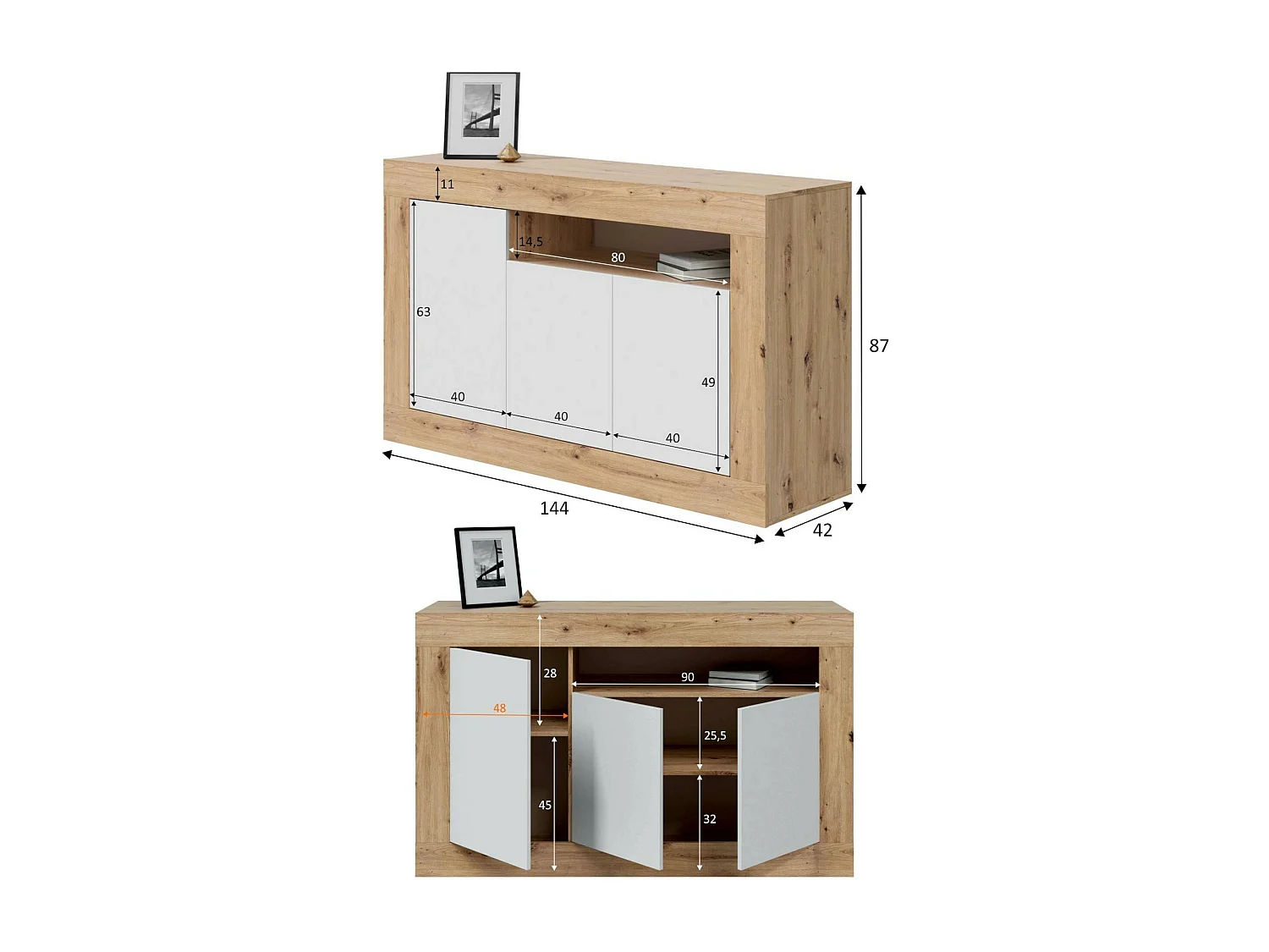 Buffet Dmirri, Armoire de salon, Buffet de salon avec compartiments, Meuble TV, Buffet moderne avec 3 portes, 144x42h87 cm, Chêne noué et Blanc