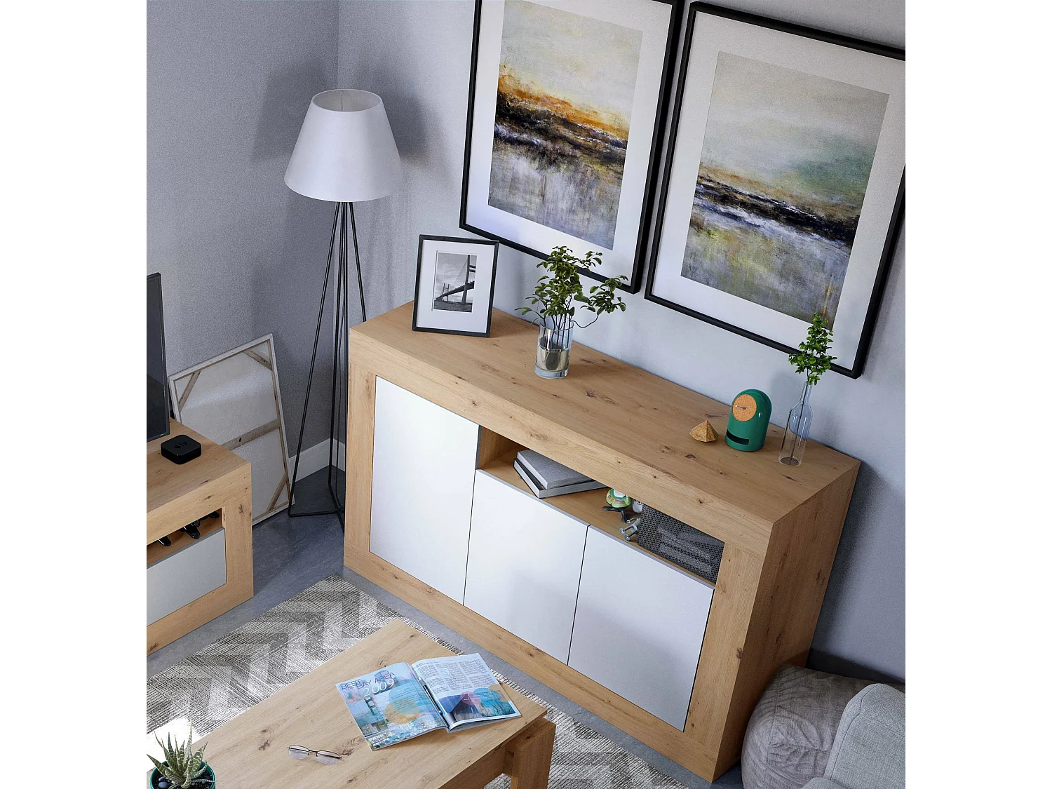 Buffet Dmirri, Armoire de salon, Buffet de salon avec compartiments, Meuble TV, Buffet moderne avec 3 portes, 144x42h87 cm, Chêne noué et Blanc