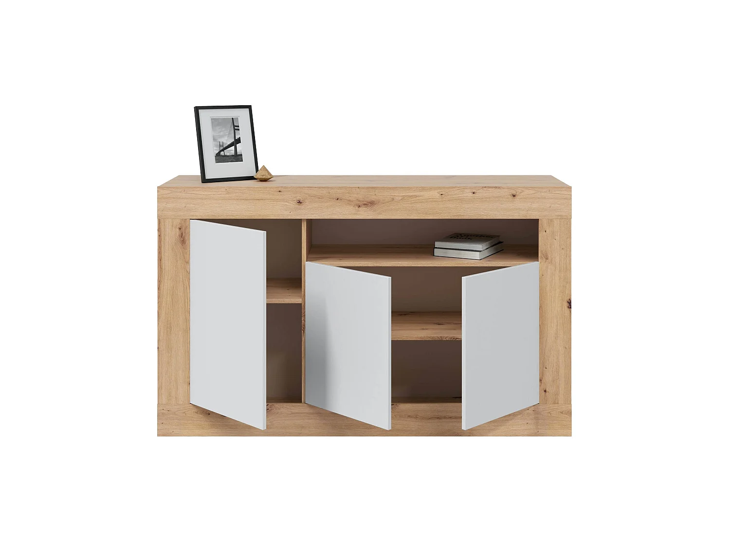 Buffet Dmirri, Armoire de salon, Buffet de salon avec compartiments, Meuble TV, Buffet moderne avec 3 portes, 144x42h87 cm, Chêne noué et Blanc