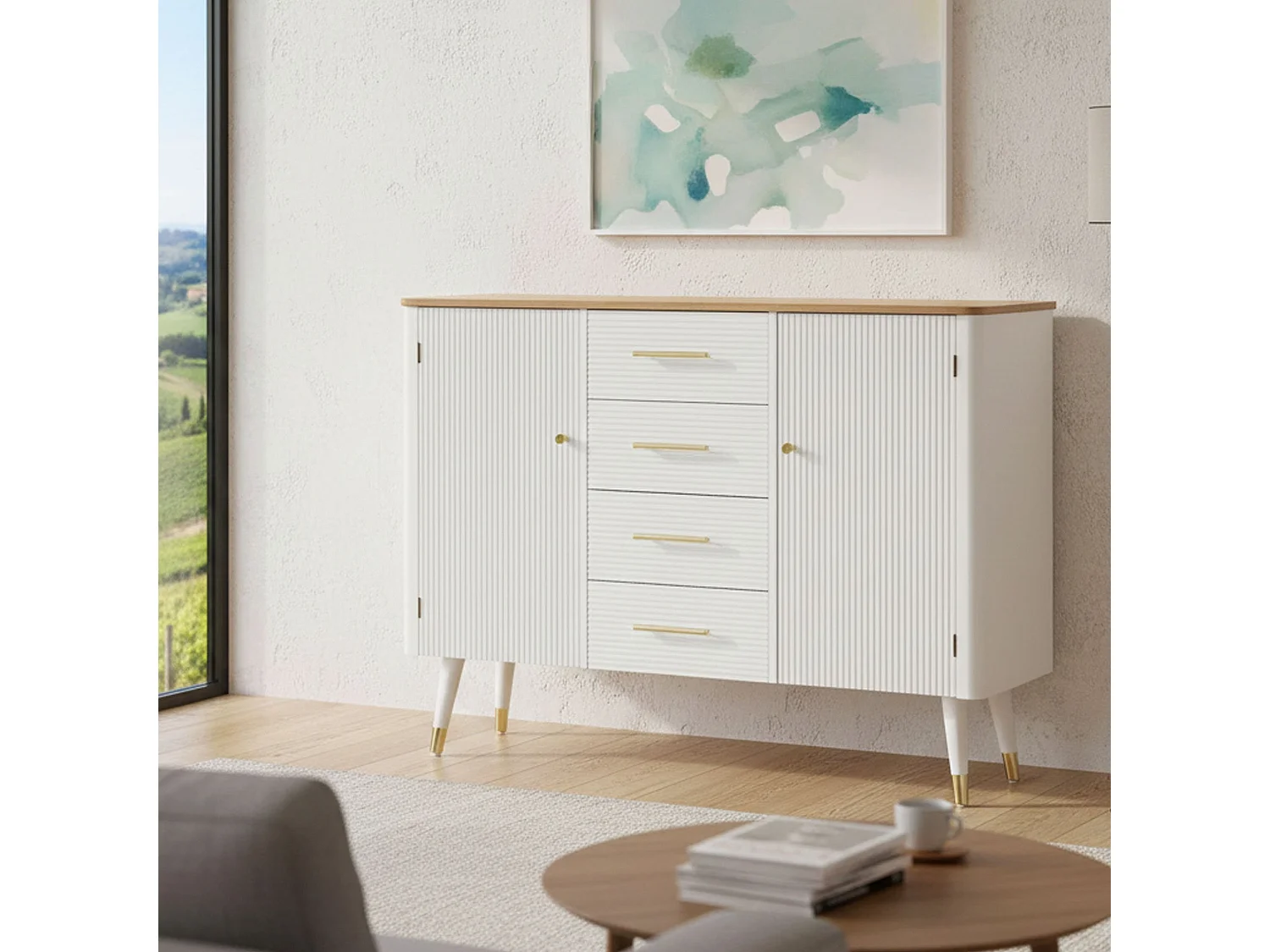 Acuut Dressoir, Woonkamerbuffet, Woonkamerdressoir, Keukenkast, 117x37 h90 cm, Wit en Bruin