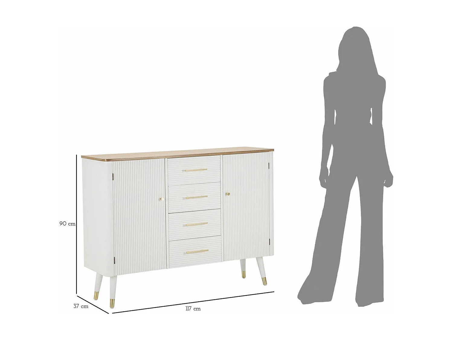 Acuut Dressoir, Woonkamerbuffet, Woonkamerdressoir, Keukenkast, 117x37 h90 cm, Wit en Bruin