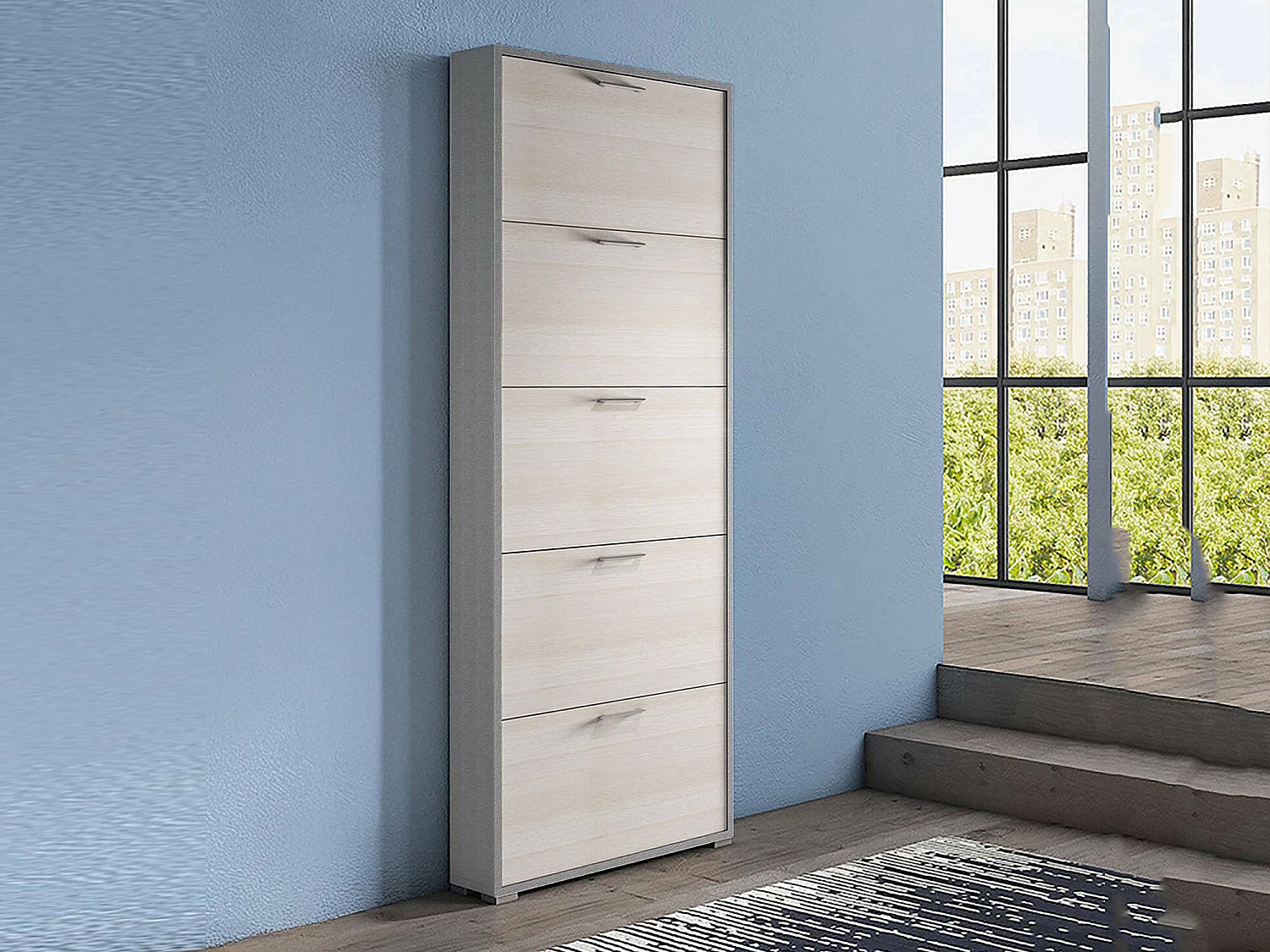 Schuhregal Dgratto, Mehrzweck - Eingangsmöbel mit 5 Klapptüren, Moderner Schuhschrank, 100% Made in Italy, 67x18h184 cm, Lärche