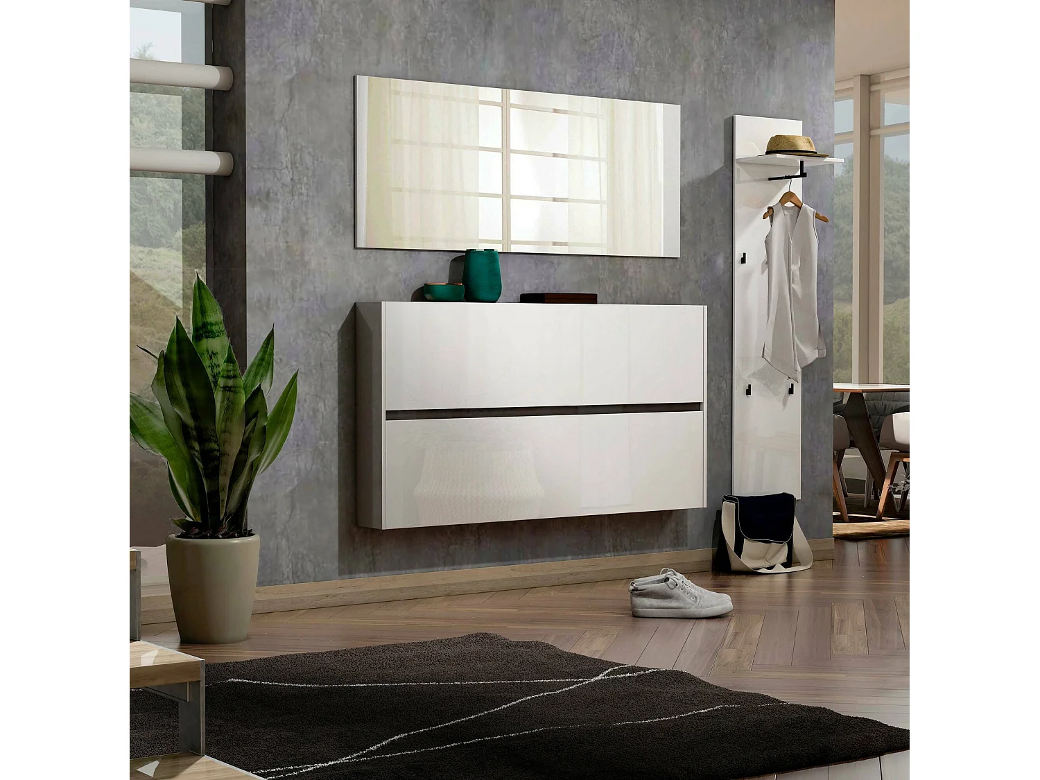 Sapateira Dantonucc, Sapateira, Armário de entrada multiuso, Sapateira, Made in Italy, 160x19h85 cm, Branco brilhante