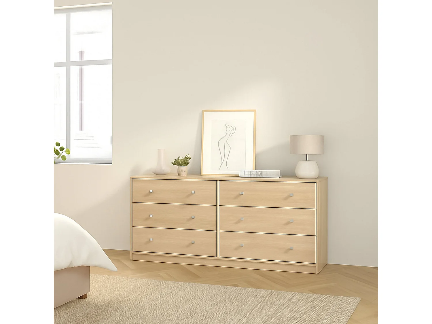 Buffet Dsanto, Buffet du salon, Commode de salon, Garde-manger de cuisine, 143x30 h68 cm, Chêne clair