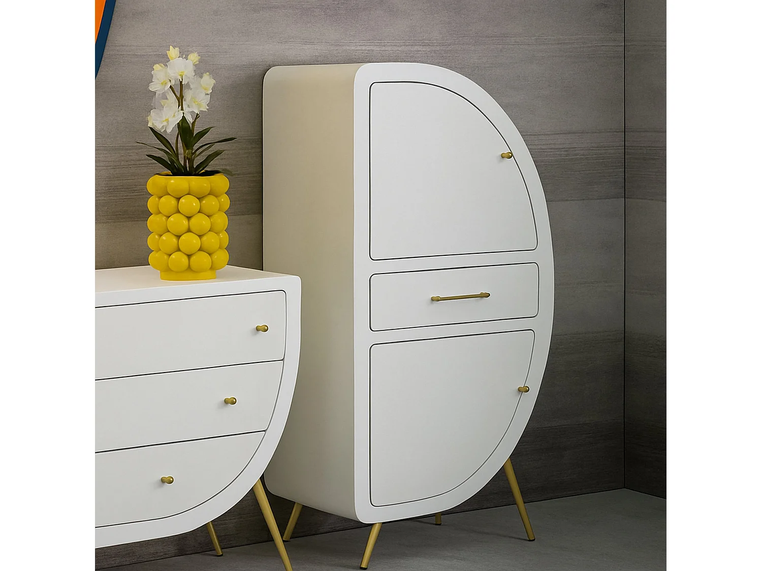 Buffet Tellier, Buffet du salon, Commode de salon, Garde-manger de cuisine, 60x32 h133 cm, Blanc et Or