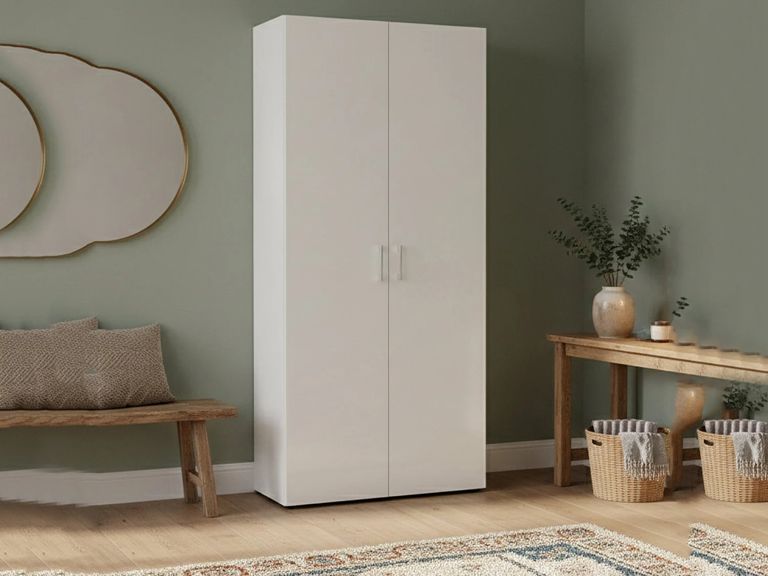 Étagère à chaussures Dmelus, Armoire polyvalente avec 2 portes et étagères internes, Étagère à chaussures d'entrée, 100% Made in Italy, 91x33h190 cm, Blanc brillant
