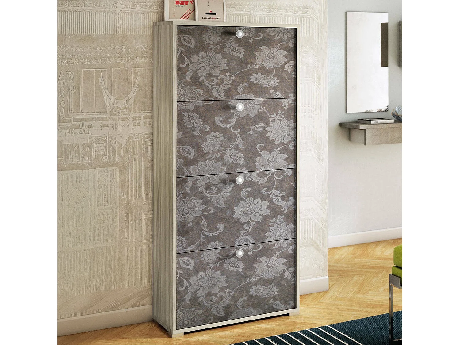 Étagère à chaussures rose, Meuble d'entrée polyvalent avec 4 portes pliantes, Meuble à chaussures double profondeur, 100% Made in Italy, 67x28h147 cm, Orme et motif