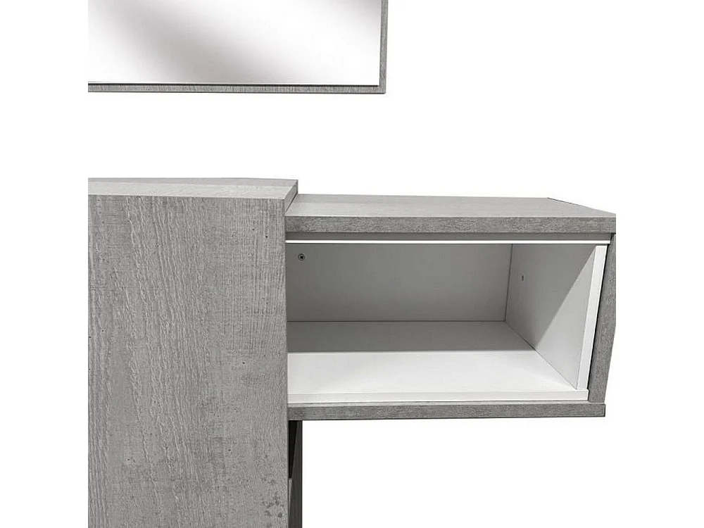 Mueble de entrada con espejo, entrada para recibidor con cajón, Vaciador de bolsillo para apartamentos pequeños, cm 100x27h75, color Cemento y Blanco