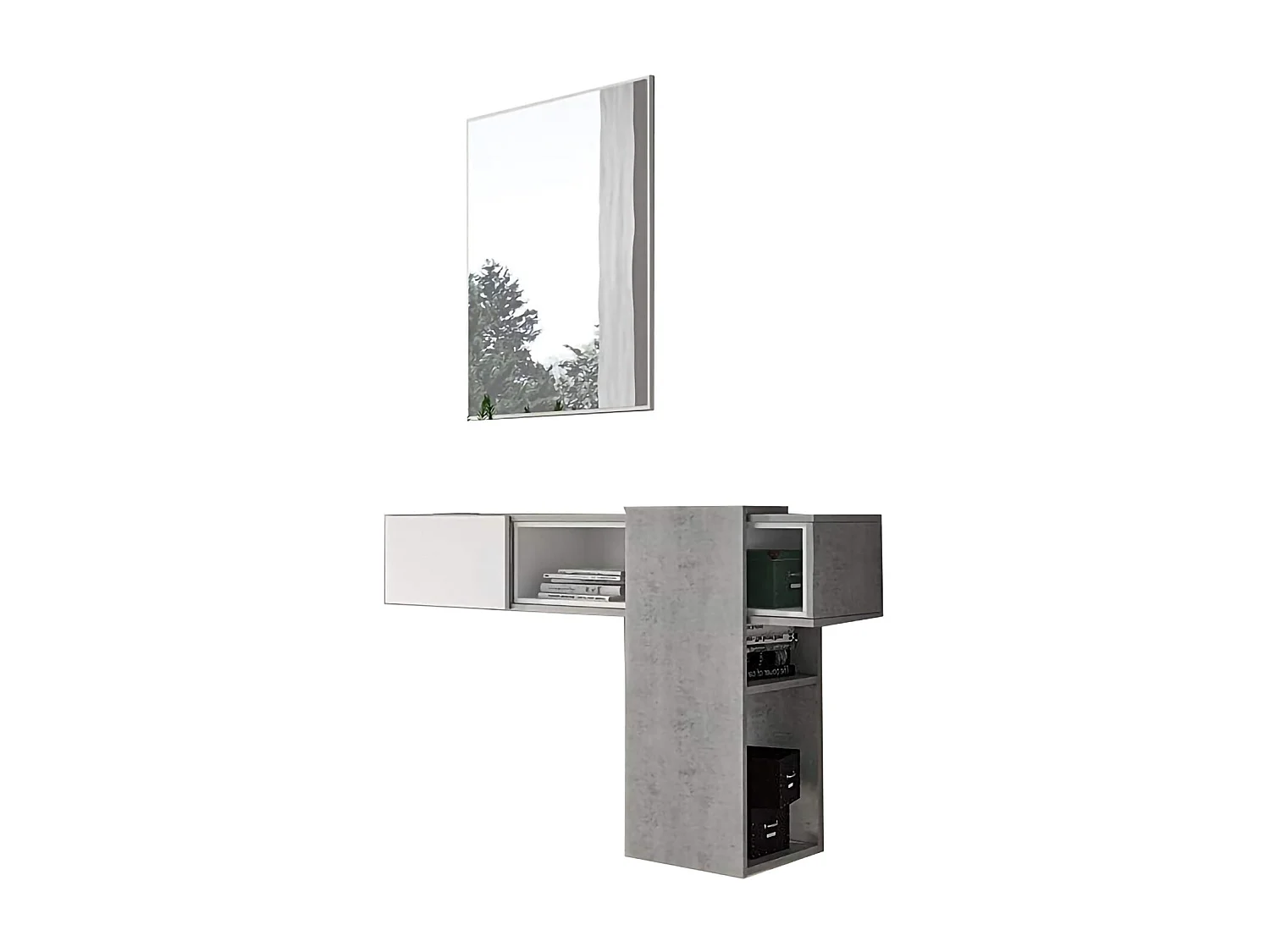 Meuble d'entrée Dpinz, Entrée upendue, Élément mural avec miroir, Vide poche d'entrée avec tiroir et miroir, 100x27h75 cm, Ciment et Blanc