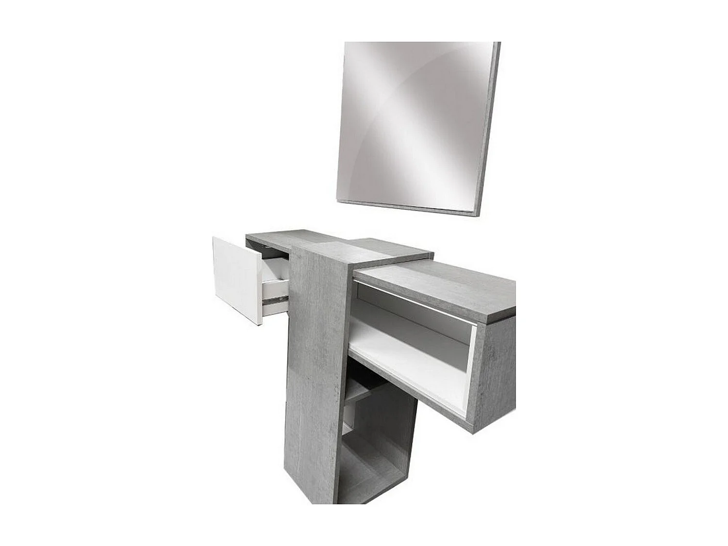 Meuble d'entrée Dpinz, Entrée upendue, Élément mural avec miroir, Vide poche d'entrée avec tiroir et miroir, 100x27h75 cm, Ciment et Blanc