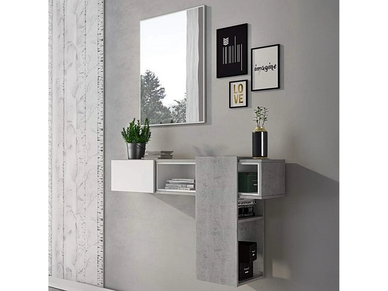 Meuble d'entrée Limbadi, miroir inclus, 100x31x75h cm gris ciment, une étagère, porte-manteau