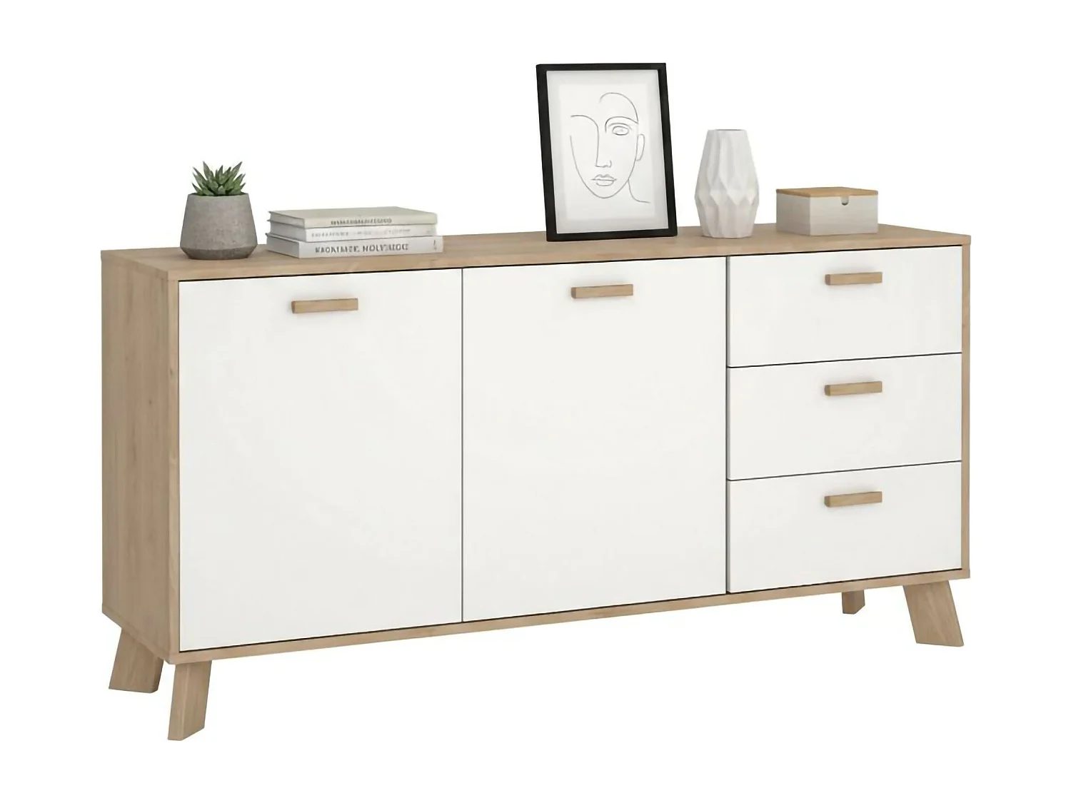 Buffet Dsanc, Buffet du salon, Commode de salon, Garde-manger de cuisine, 147x39 h73 cm, Chêne clair et Blanc