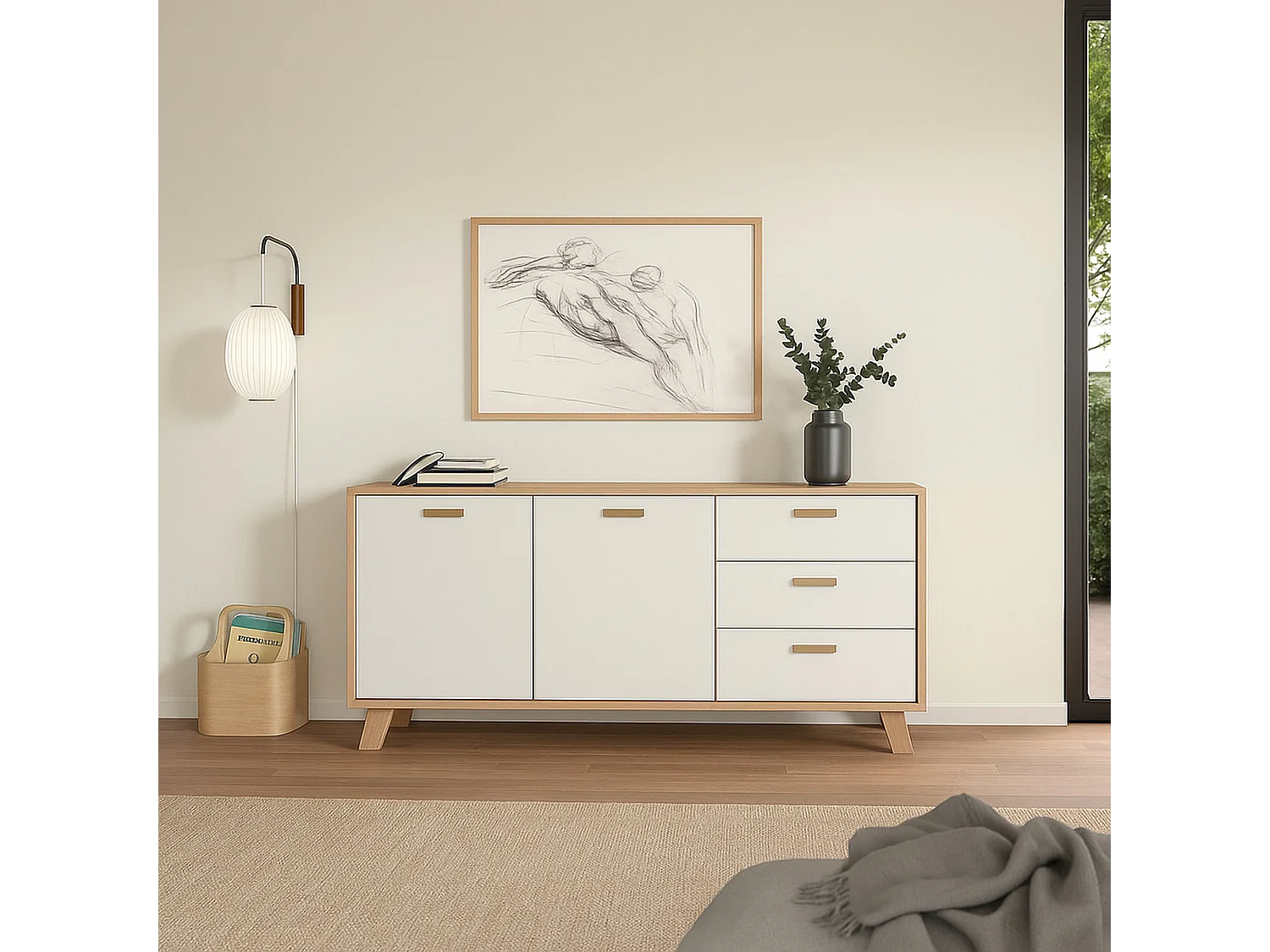Aparador Dsanc, Buffet de sala, Aparador de sala, Despensa de cozinha, 147x39 h73 cm, Carvalho e Branco
