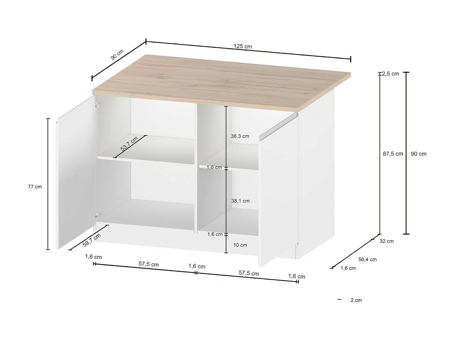 Îlot de cuisine Daffaticat, Armoire polyvalente, Meuble de kitchenette, Table auxiliaire, 100% Made in Italy, 125x90h90 cm, Anthracite et Chêne