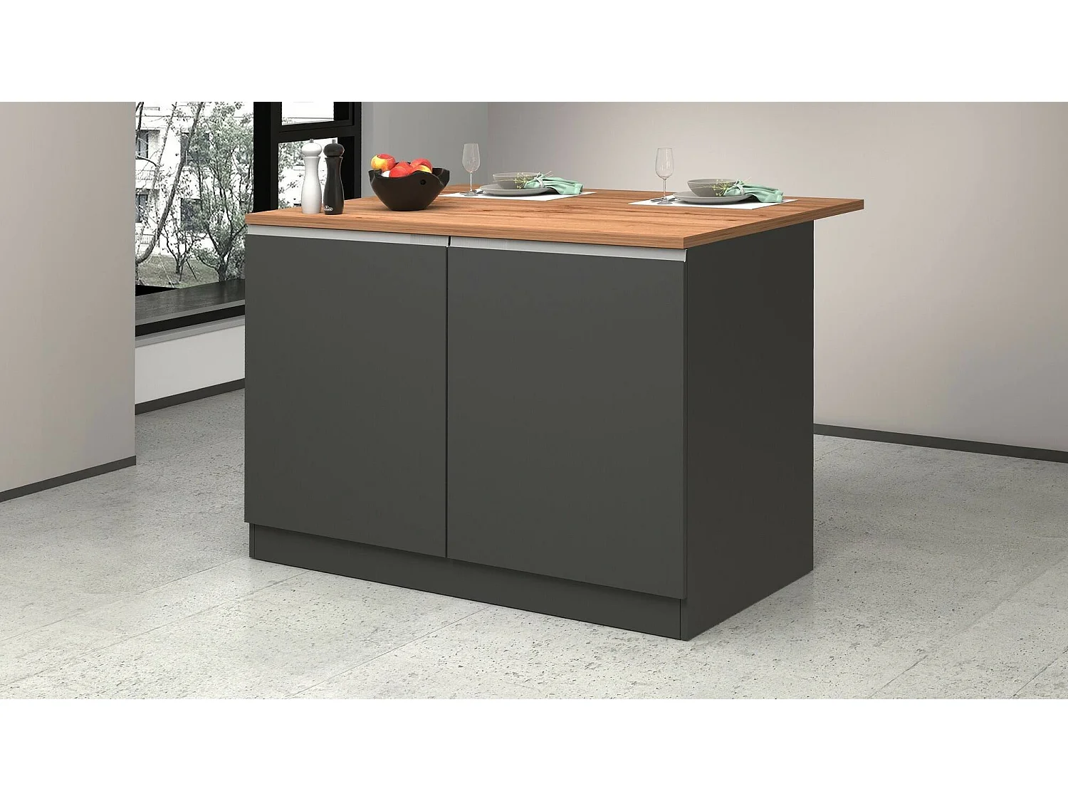 Îlot de cuisine Daffaticat, Armoire polyvalente, Meuble de kitchenette, Table auxiliaire, 100% Made in Italy, 125x90h90 cm, Anthracite et Chêne