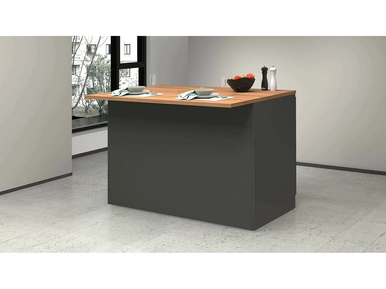 Îlot de cuisine Daffaticat, Armoire polyvalente, Meuble de kitchenette, Table auxiliaire, 100% Made in Italy, 125x90h90 cm, Anthracite et Chêne