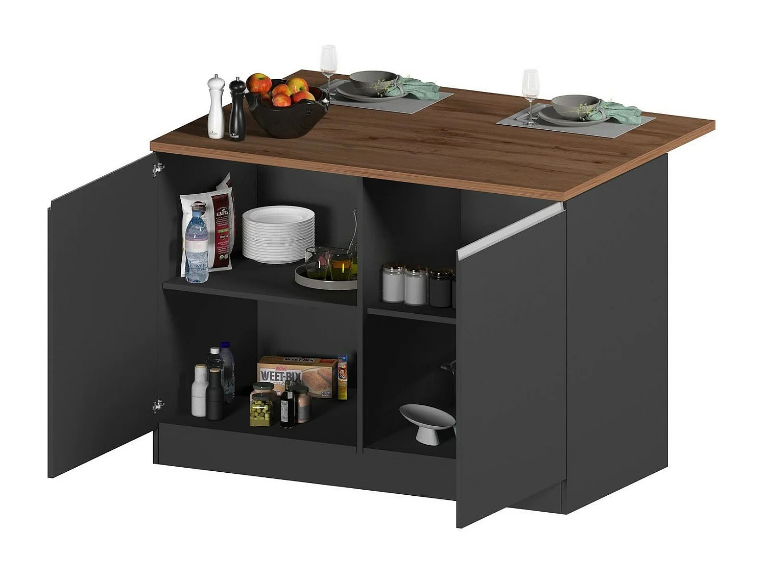 Îlot de cuisine Daffaticat, Armoire polyvalente, Meuble de kitchenette, Table auxiliaire, 100% Made in Italy, 125x90h90 cm, Anthracite et Chêne
