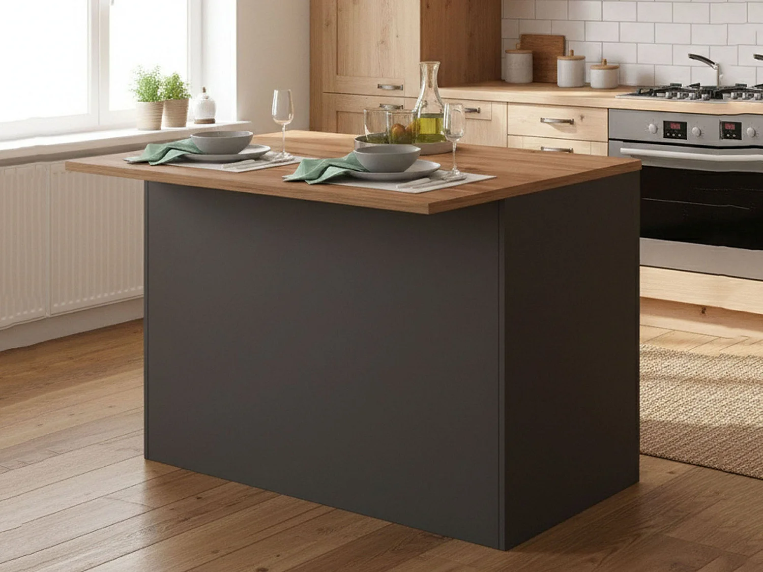 Îlot de cuisine Daffaticat, Armoire polyvalente, Meuble de kitchenette, Table auxiliaire, 100% Made in Italy, 125x90h90 cm, Anthracite et Chêne