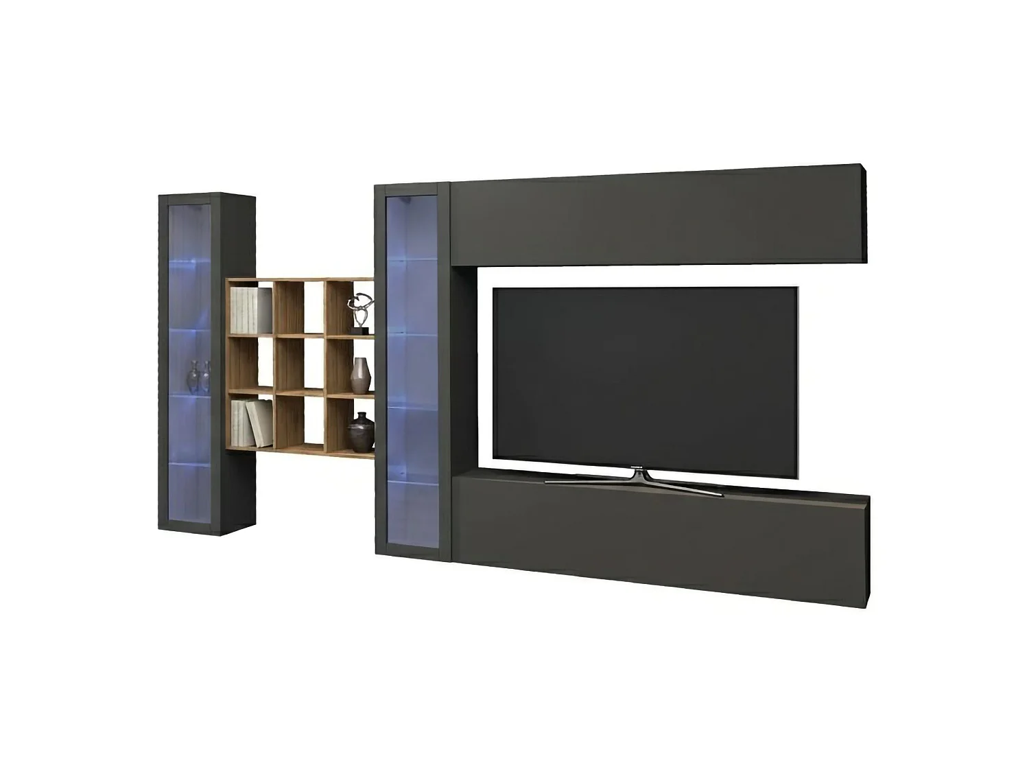 Système mural Dfancon, ensemble de salon meuble TV 4 portes, meuble de salon polyvalent avec vitrine et lumière LED, 100% Made in Italy, 350x30h180 cm, Anthracite