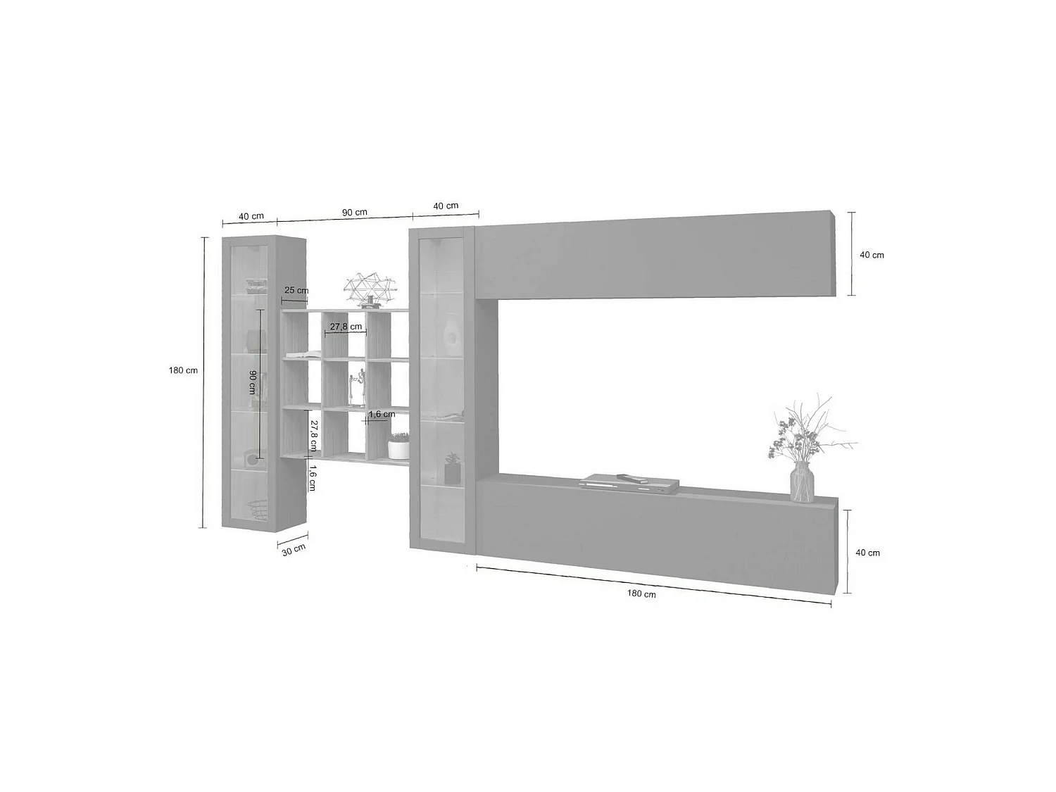 Système mural Dfancon, ensemble de salon meuble TV 4 portes, meuble de salon polyvalent avec vitrine et lumière LED, 100% Made in Italy, 350x30h180 cm, Anthracite