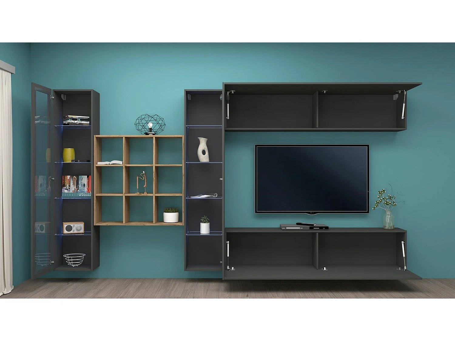 Système mural Dfancon, ensemble de salon meuble TV 4 portes, meuble de salon polyvalent avec vitrine et lumière LED, 100% Made in Italy, 350x30h180 cm, Anthracite